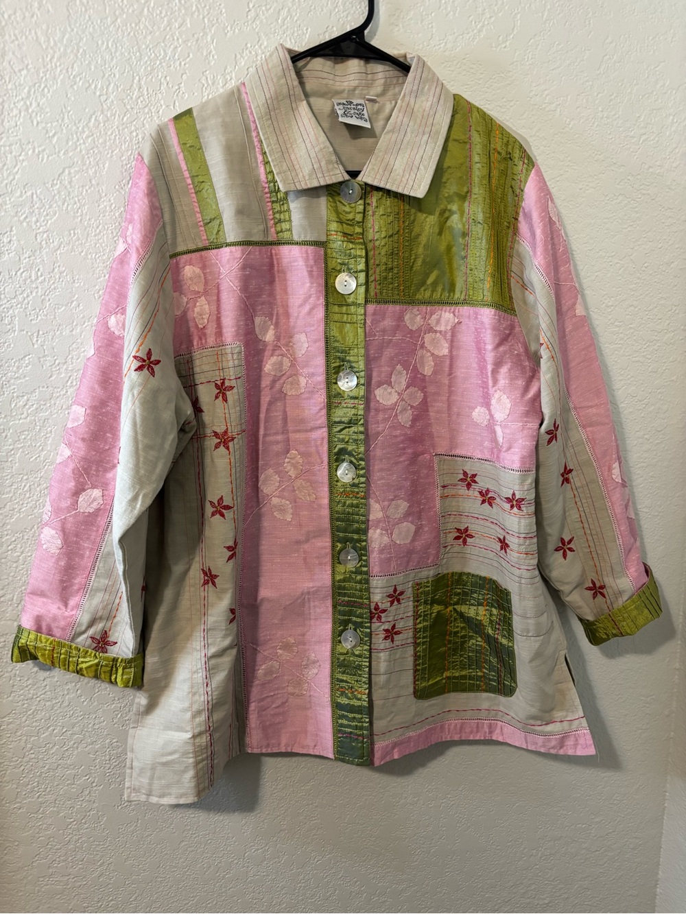 Parsley & Sage Patchwork Button-Front Blazer in Pink and Green
